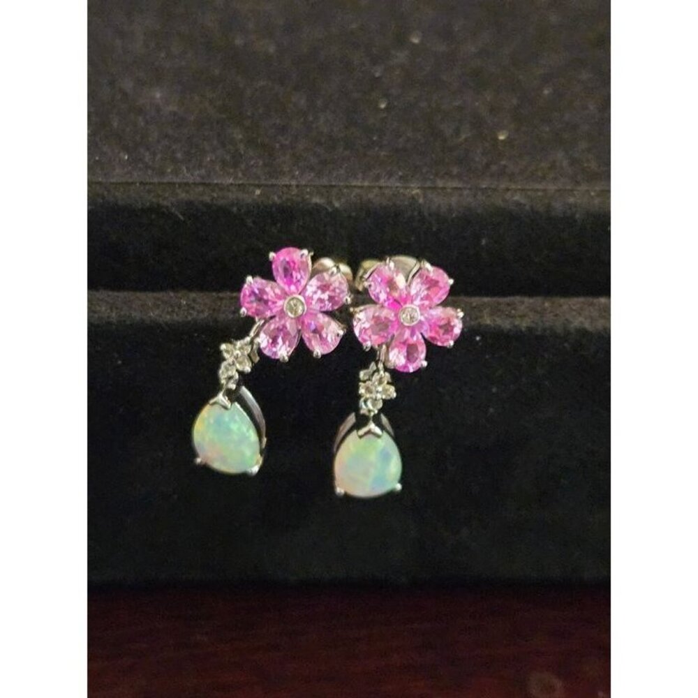 Silver-Toned Pink Flower & Opal Drop Earrings